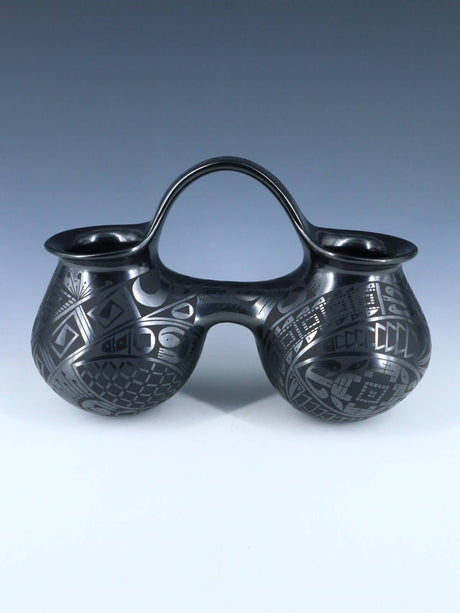 Mata Ortiz Hand Coiled Black Pottery Wedding Vessel - PuebloDirect.com