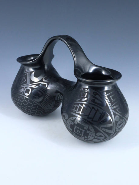 Mata Ortiz Hand Coiled Black Pottery Wedding Vessel - PuebloDirect.com