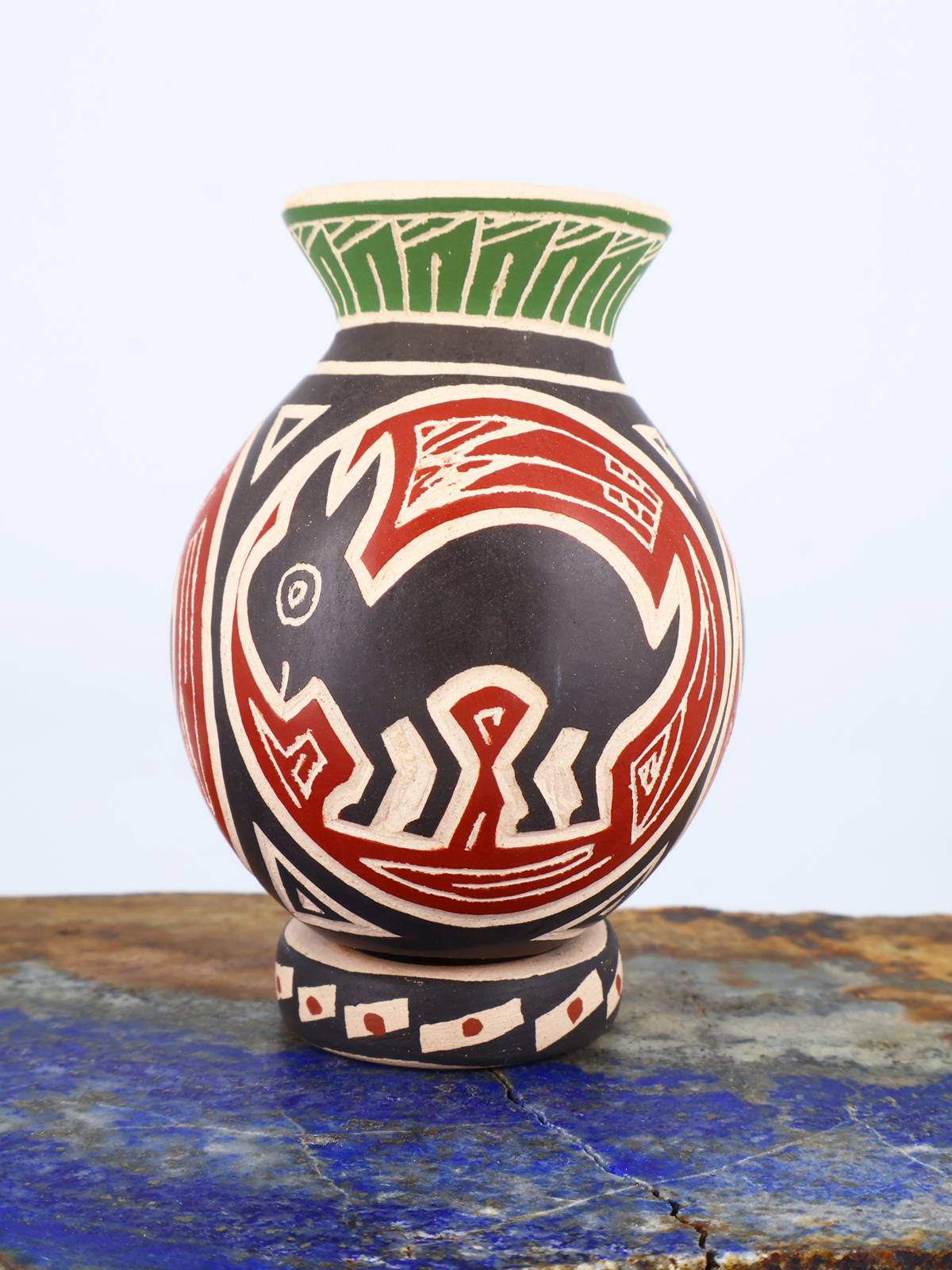 Mata Ortiz Hand Coiled Miniature Etched Pottery Vase