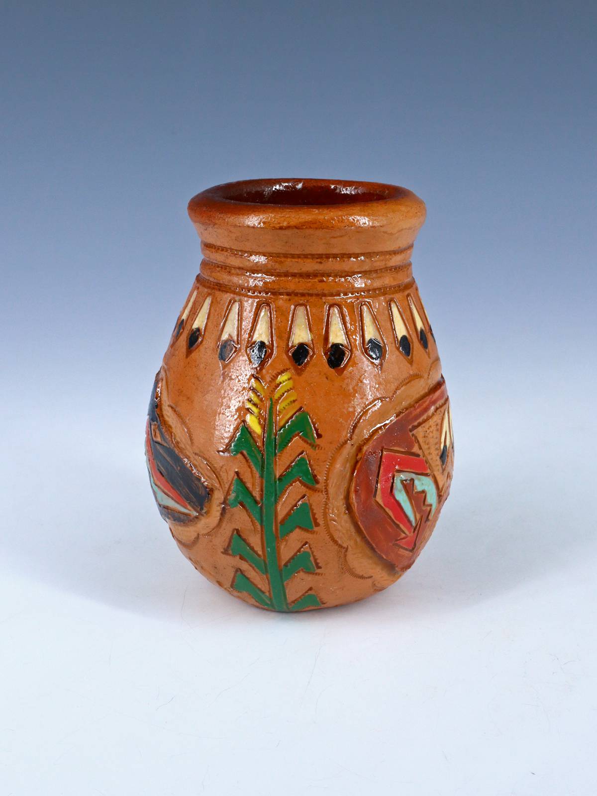 Olla de semillas de cerámica pintada a mano de bisonte grabado navajo
