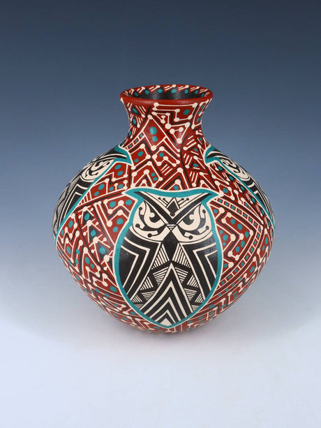 Mata Ortiz Hand Coiled and Painted Owl Pottery Vase