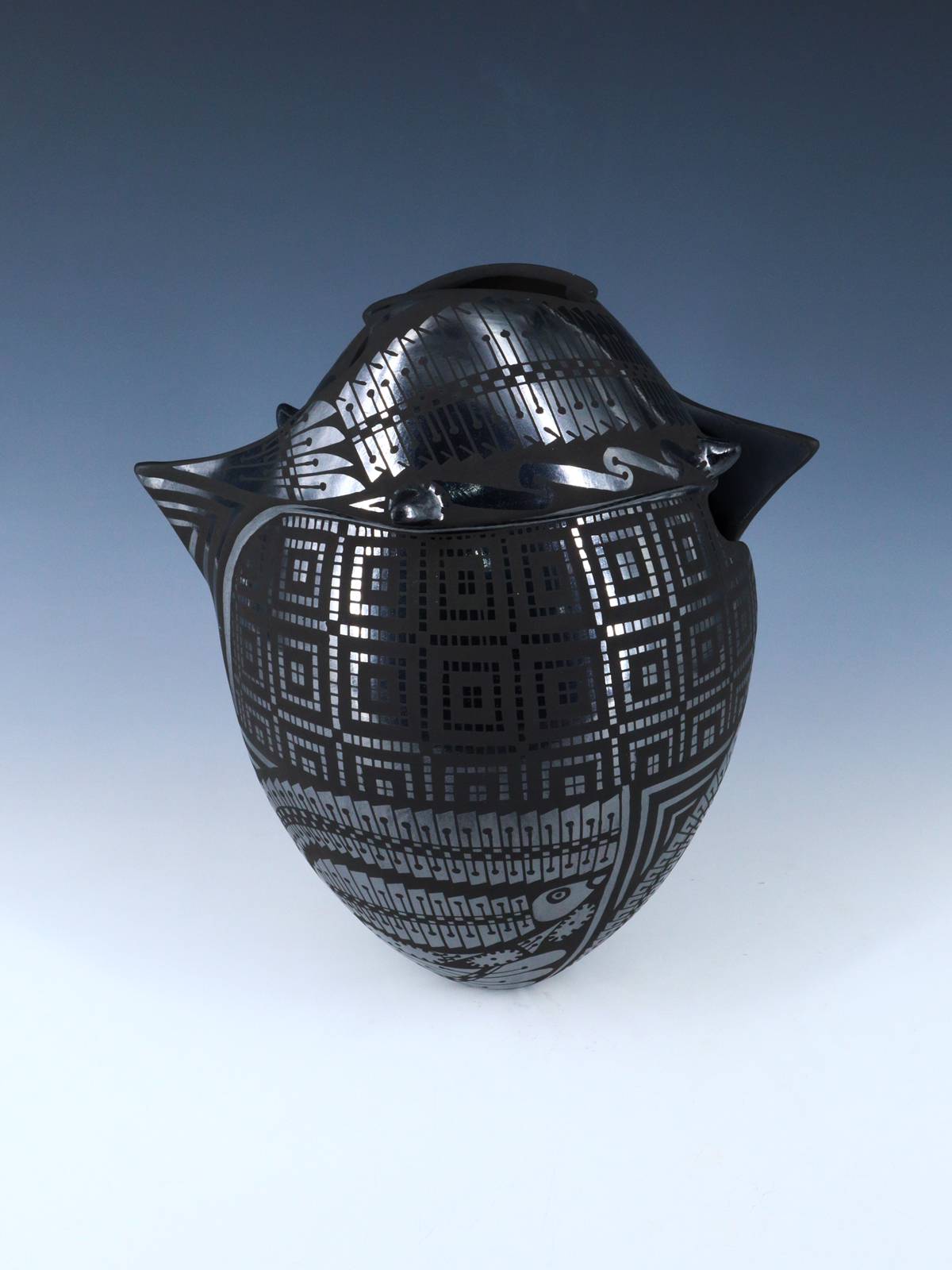 Mata Ortiz Hand Coiled Black Pottery Vase
