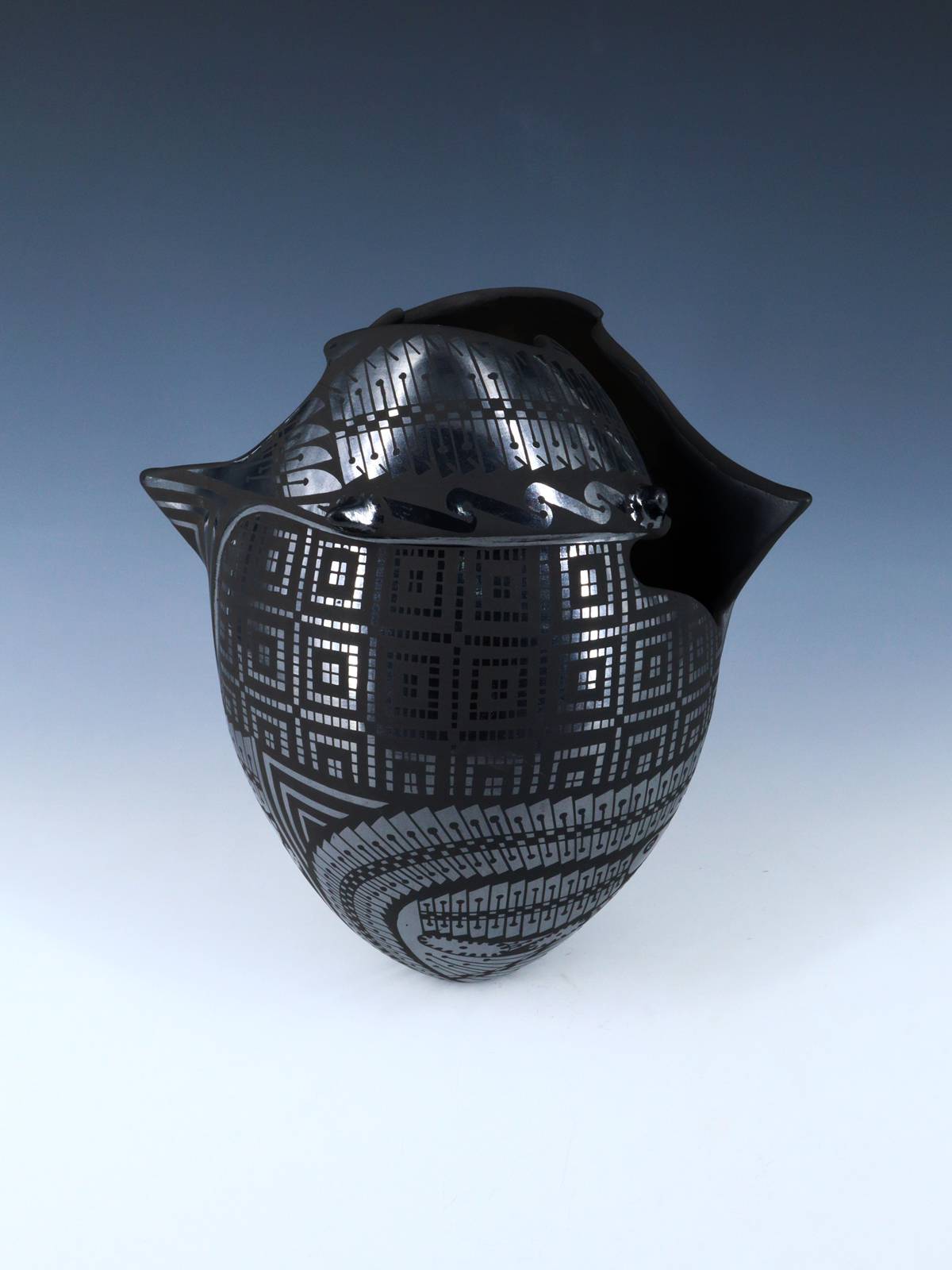 Mata Ortiz Hand Coiled Black Pottery Vase