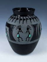 San Juan Pueblo Black Pottery Kokopelli Vase
