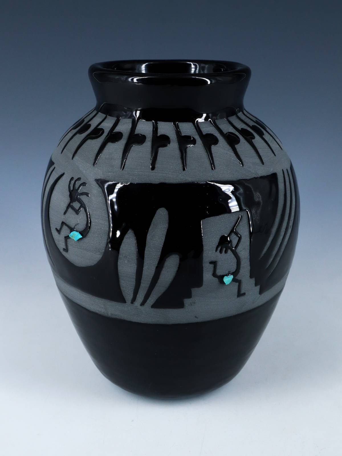 San Juan Pueblo Black Pottery Kokopelli Vase