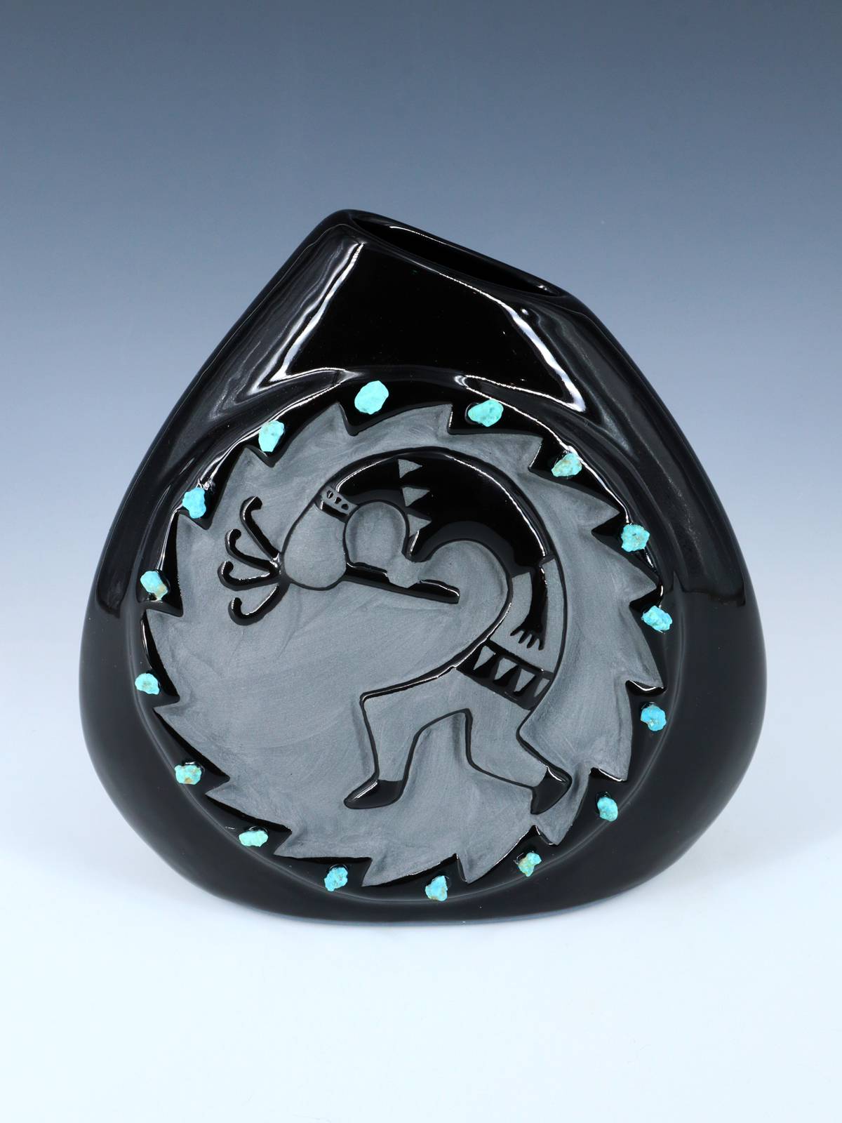 San Juan Pueblo Black Pottery Kokopelli Pillow Vase