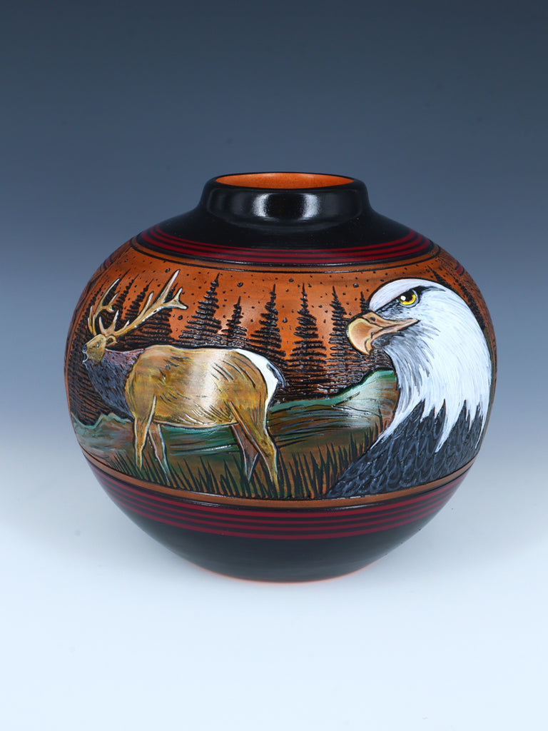 Navajo Eagle and Elk Hand Etched Pottery - PuebloDirect.com