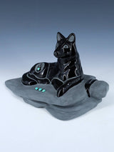 San Juan Pueblo Black Pottery Coyote On a Rock