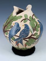 Mata Ortiz Hand Coiled Blue Bird Etched Pottery