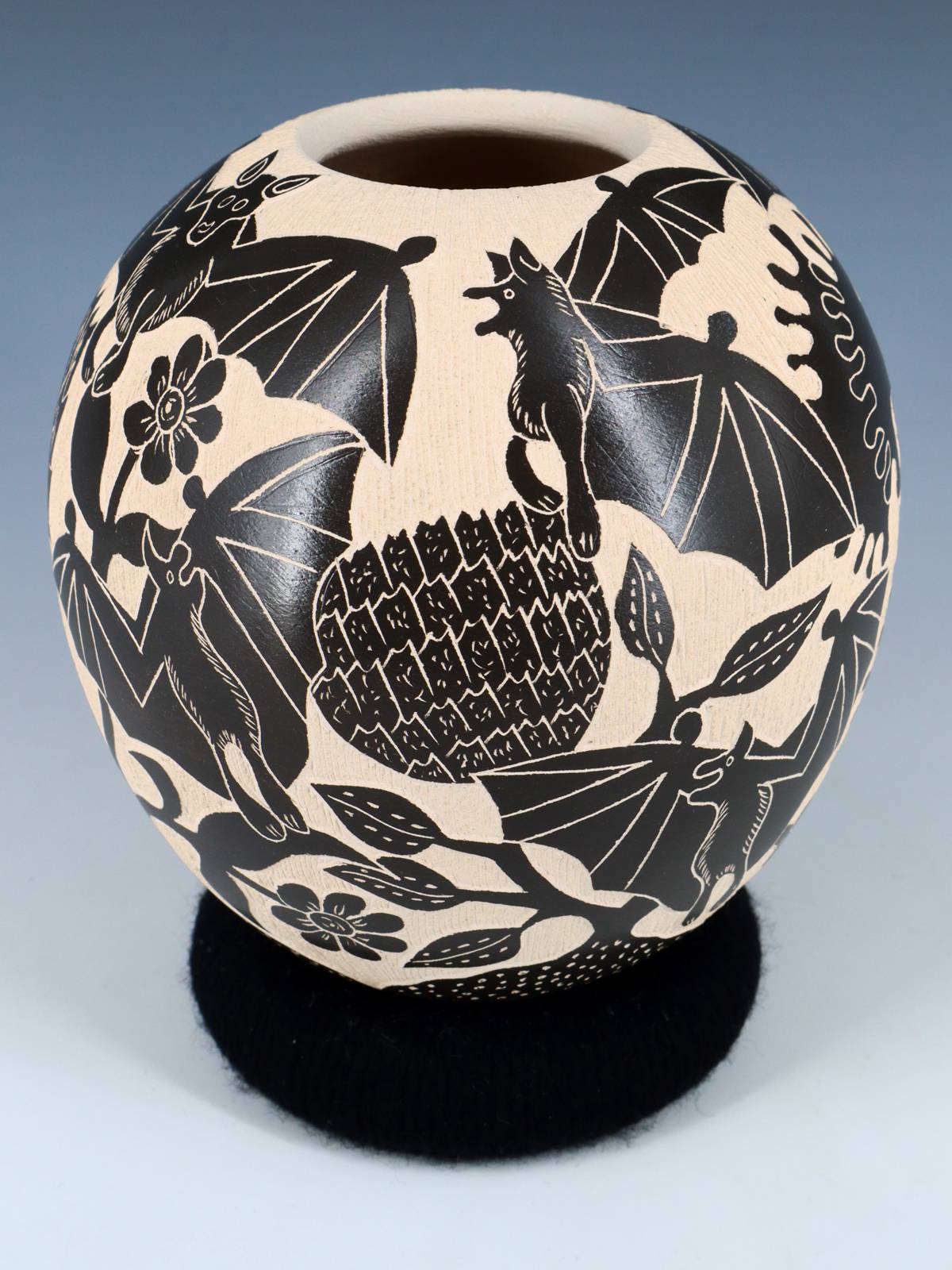 Mata Ortiz Hand Coiled Black Bats Etched Pottery