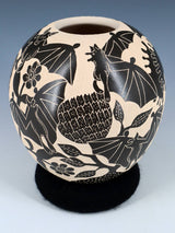 Mata Ortiz Hand Coiled Black Bats Etched Pottery