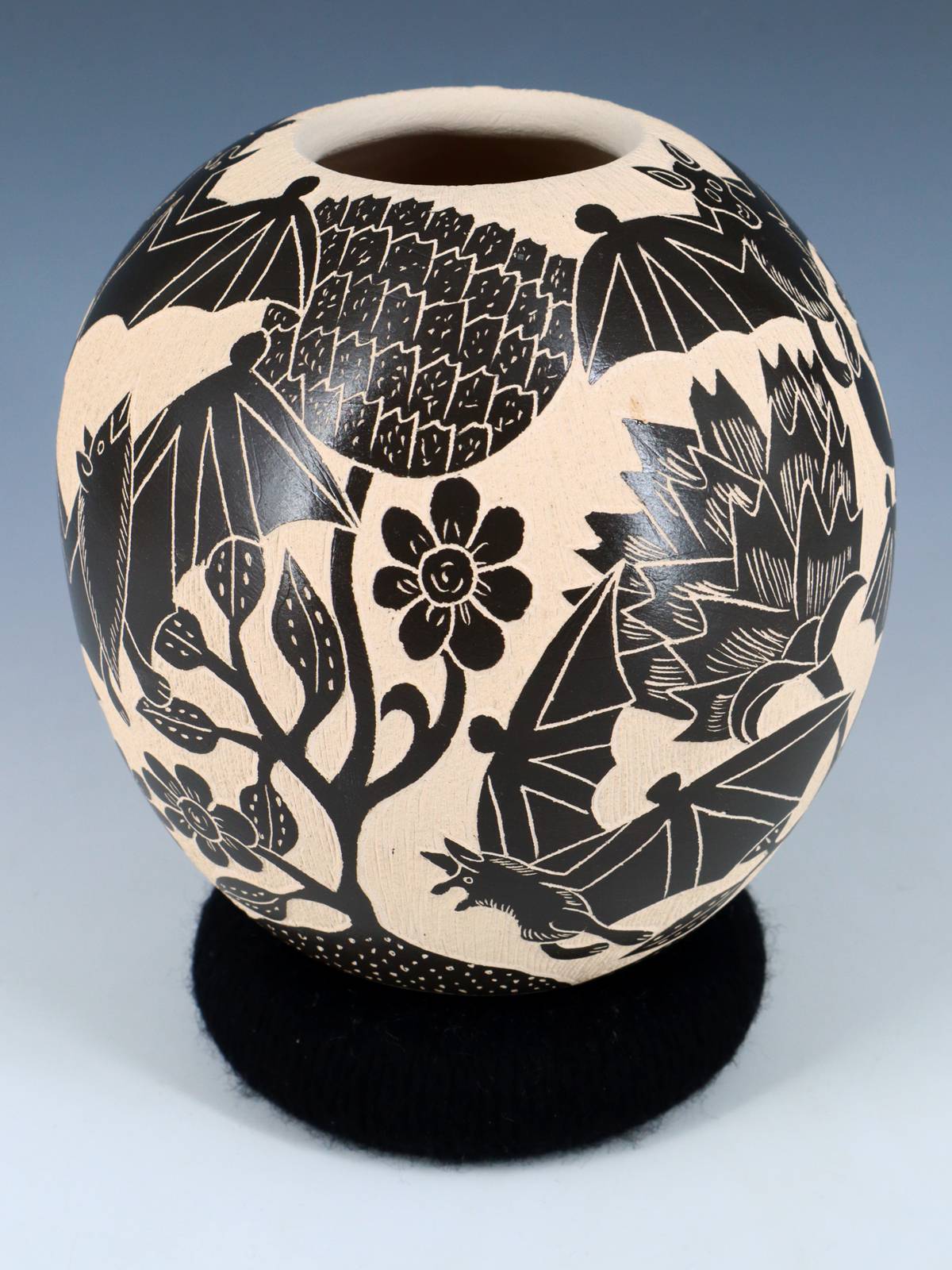 Mata Ortiz Hand Coiled Black Bats Etched Pottery