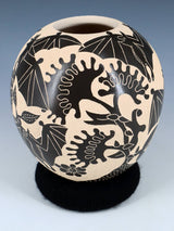 Mata Ortiz Hand Coiled Black Bats Etched Pottery