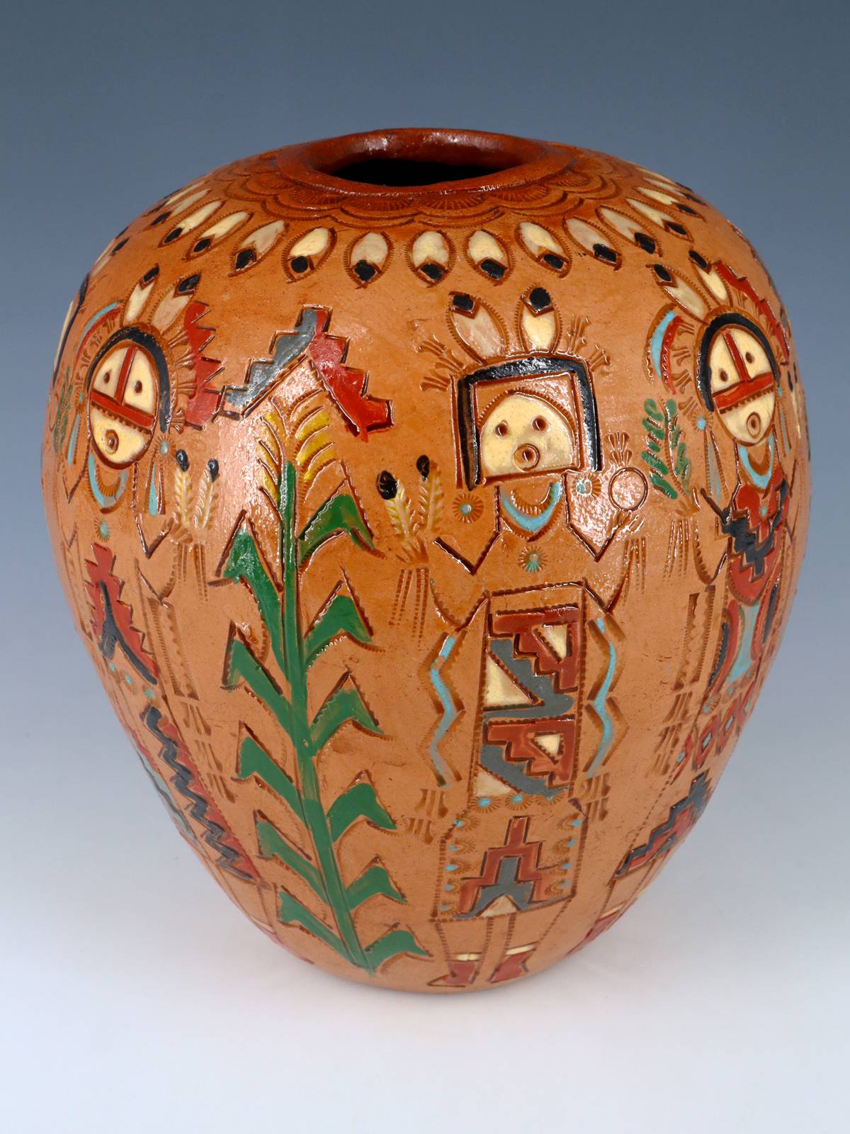 Olla de semillas de cerámica pintada a mano de bisonte grabado navajo