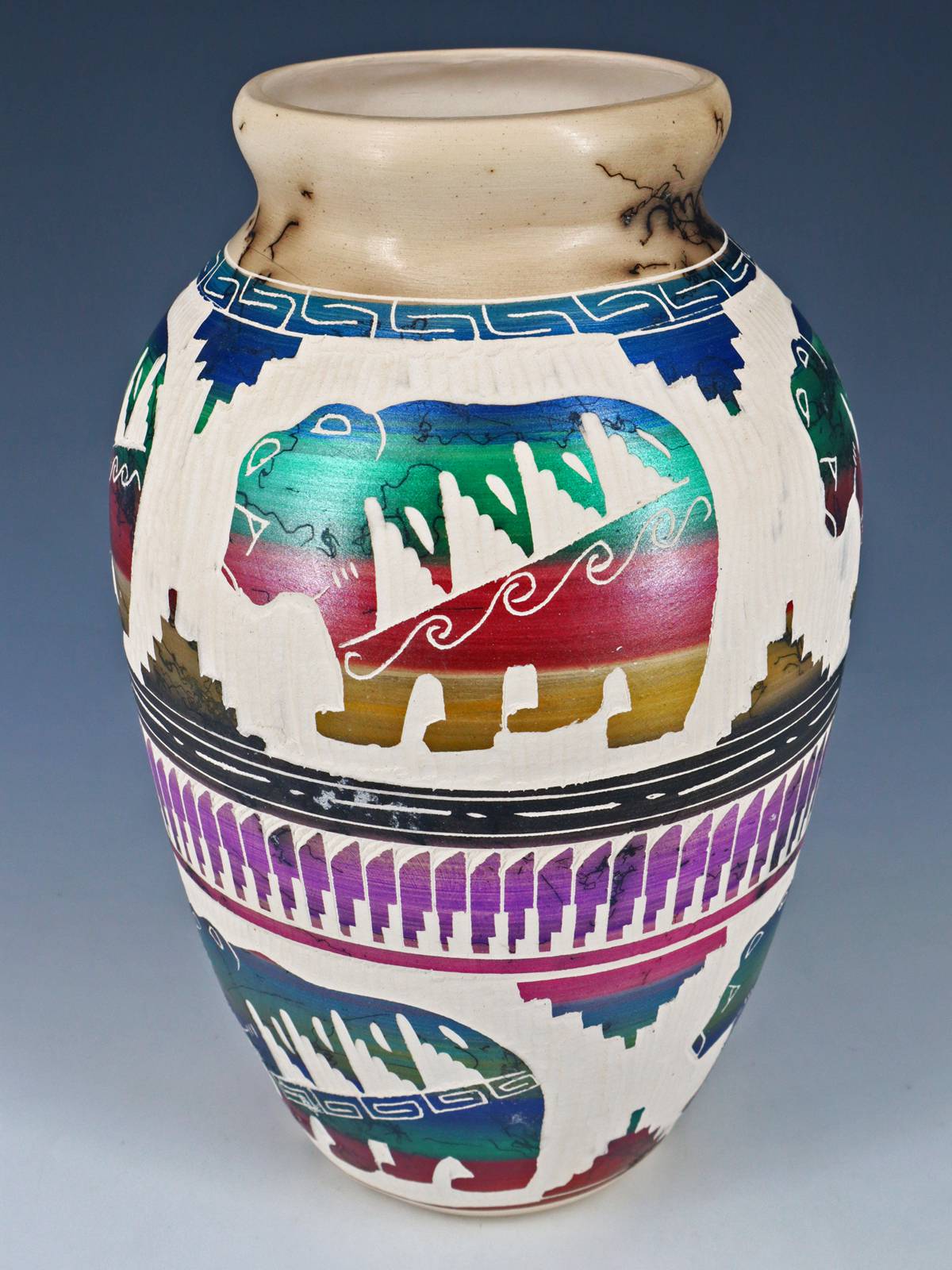 Etched Bear Navajo Horsehair Pottery Vase