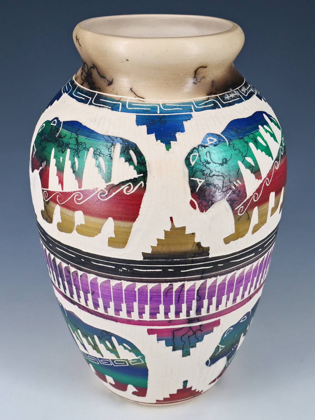 Etched Bear Navajo Horsehair Pottery Vase