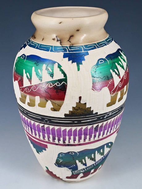 Etched Bear Navajo Horsehair Pottery Vase