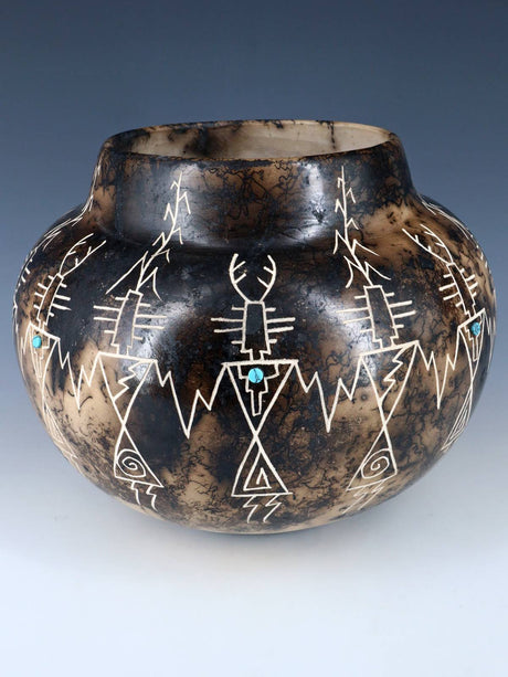 Acoma Etched Friendship Dancer Horsehair Pottery Bowl
