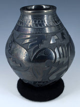 Mata Ortiz Hand Coiled Carved Black Pottery Vase