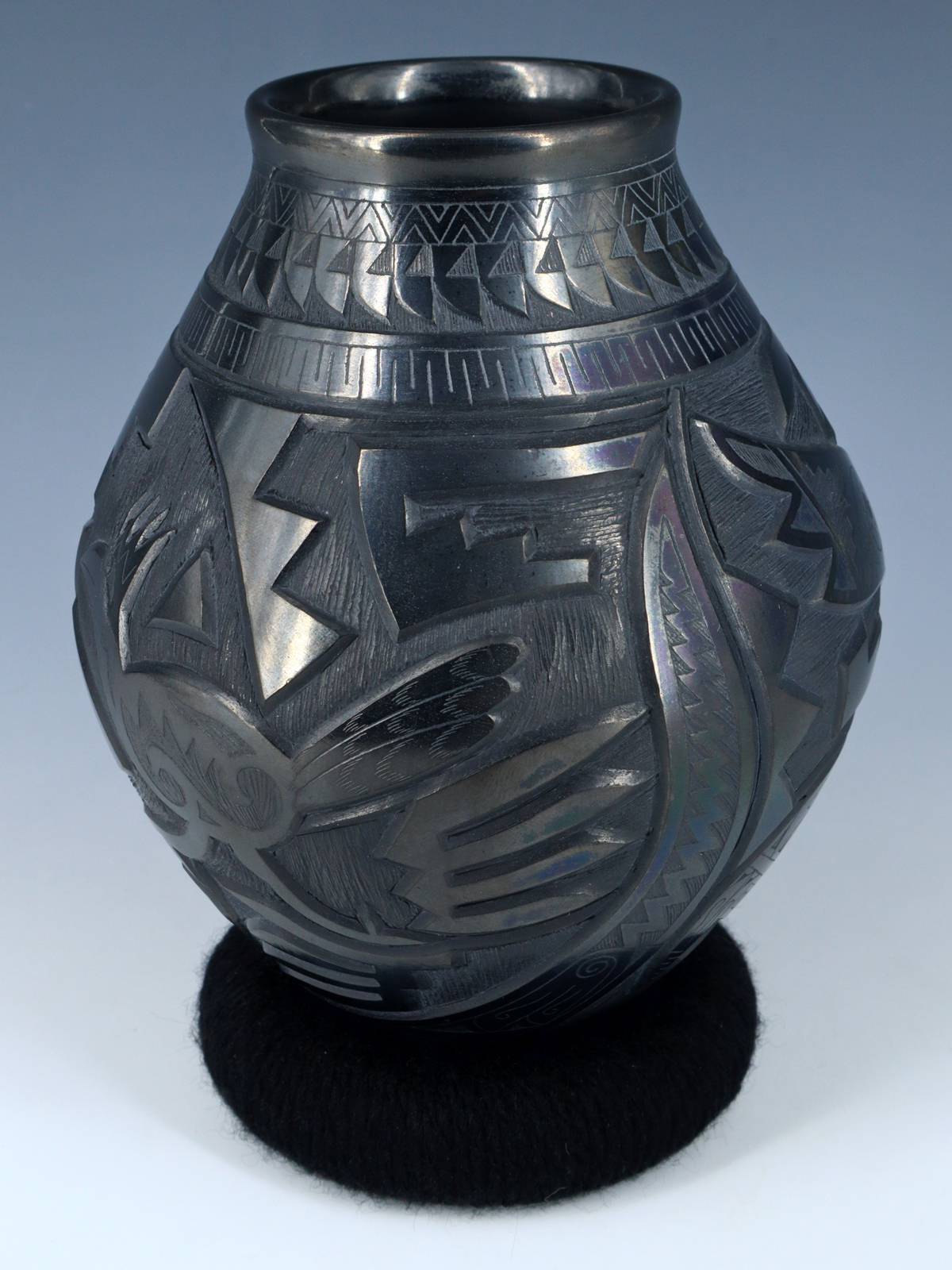 Mata Ortiz Hand Coiled Carved Black Pottery Vase