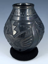 Mata Ortiz Hand Coiled Carved Black Pottery Vase