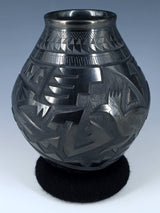 Mata Ortiz Hand Coiled Carved Black Pottery Vase