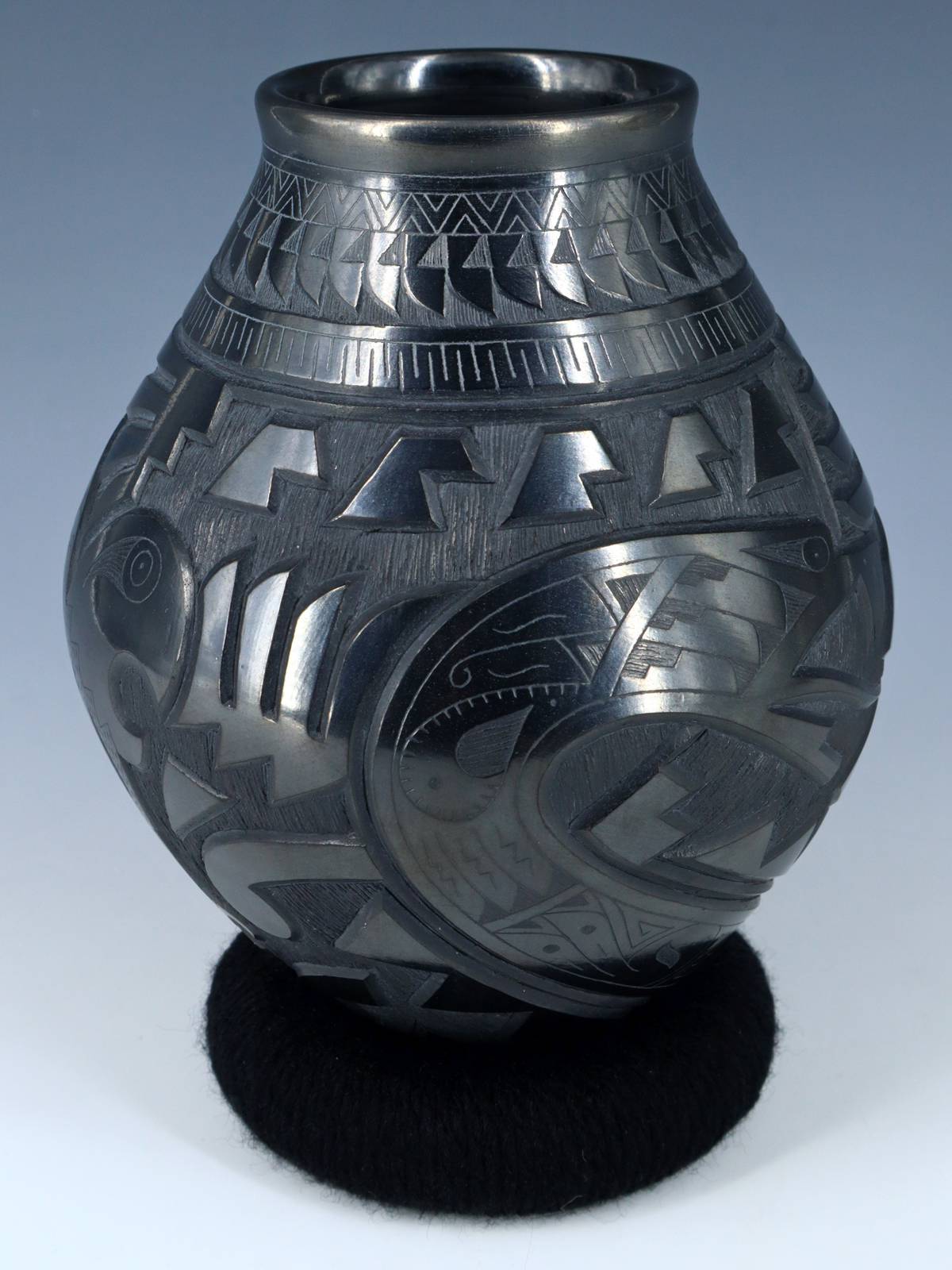 Mata Ortiz Hand Coiled Carved Black Pottery Vase