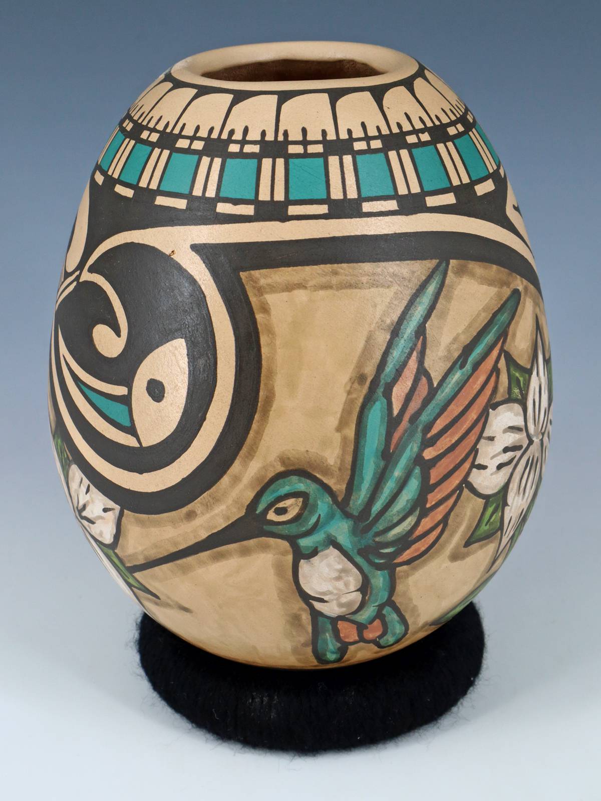 Mata Ortiz Hand Coiled Painted Hummingbird Pottery Vase
