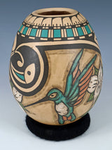 Mata Ortiz Hand Coiled Painted Hummingbird Pottery Vase