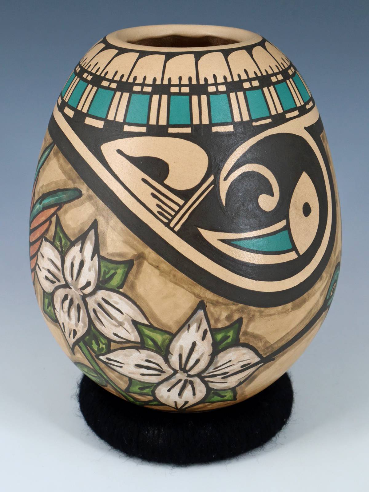 Mata Ortiz Hand Coiled Painted Hummingbird Pottery Vase
