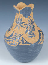 Jemez Pueblo Hand Coiled Etched Pottery Vase