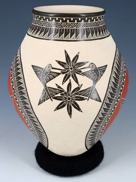 Mata Ortiz Hand Coiled Etched Hummingbird Pottery