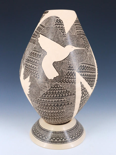 Mata Ortiz Hand Coiled Etched Hummingbird Pottery With Stand - PuebloDirect.com