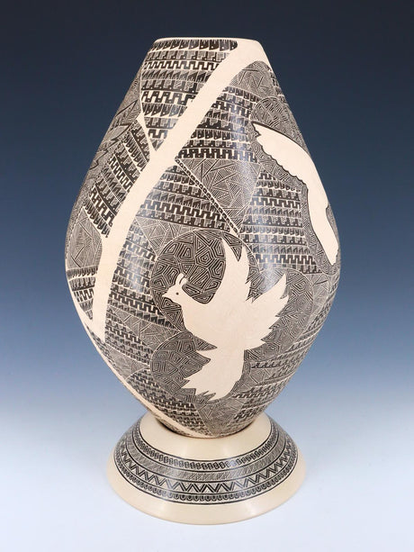 Mata Ortiz Hand Coiled Etched Hummingbird Pottery With Stand - PuebloDirect.com