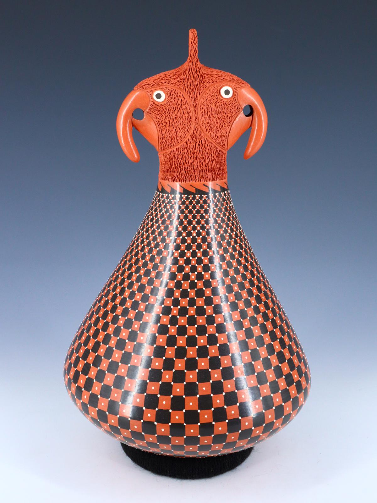 Large Mata Ortiz Hand Coiled Red Pottery with Birds - PuebloDirect.com