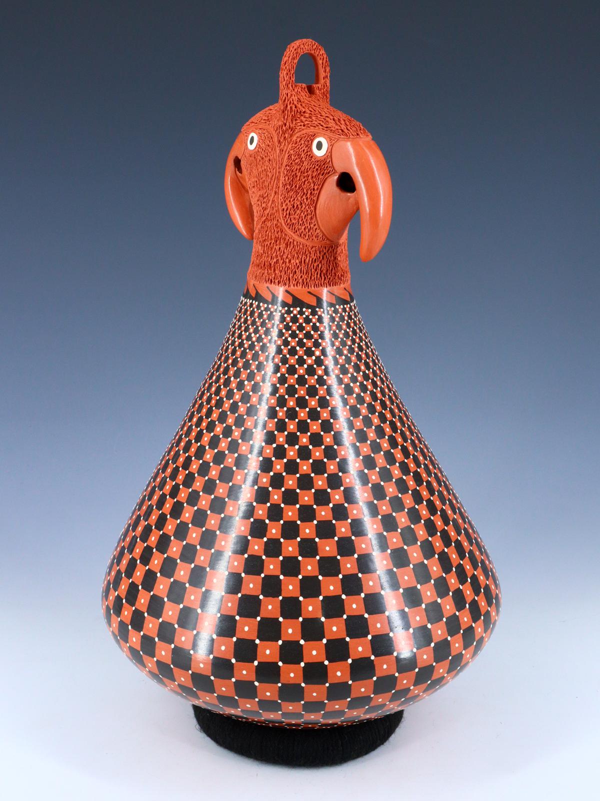 Large Mata Ortiz Hand Coiled Red Pottery with Birds - PuebloDirect.com