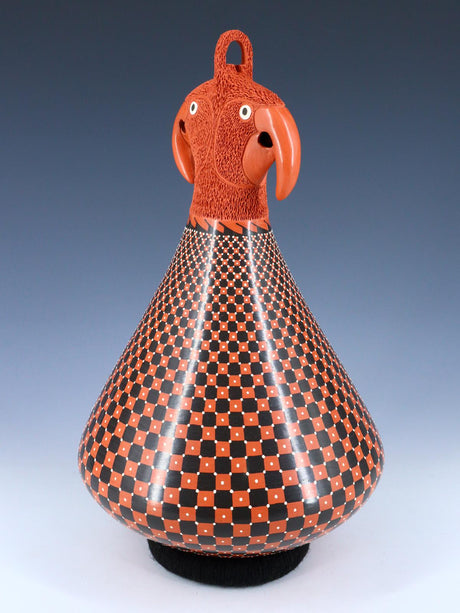Large Mata Ortiz Hand Coiled Red Pottery with Birds - PuebloDirect.com
