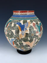 Mata Ortiz Hand Coiled Etched Hummingbird Pottery