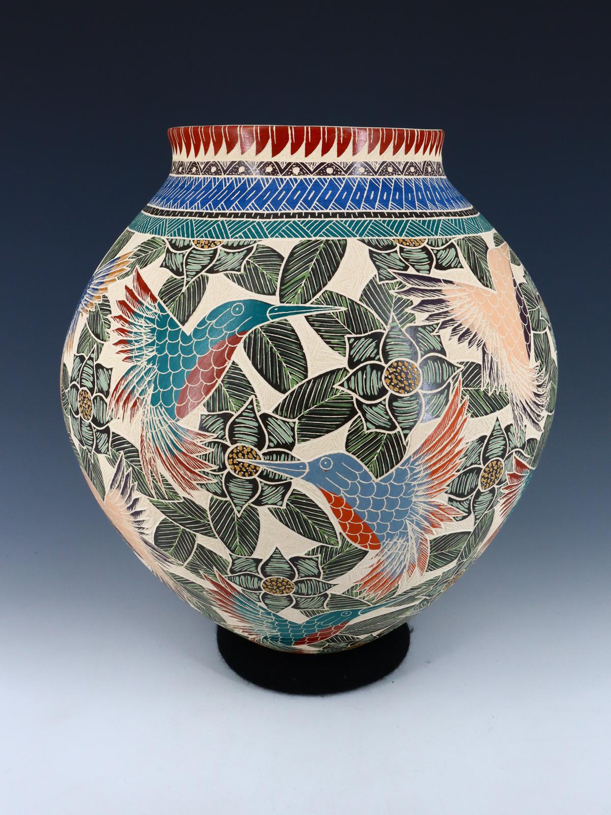 Mata Ortiz Hand Coiled Etched Hummingbird Pottery