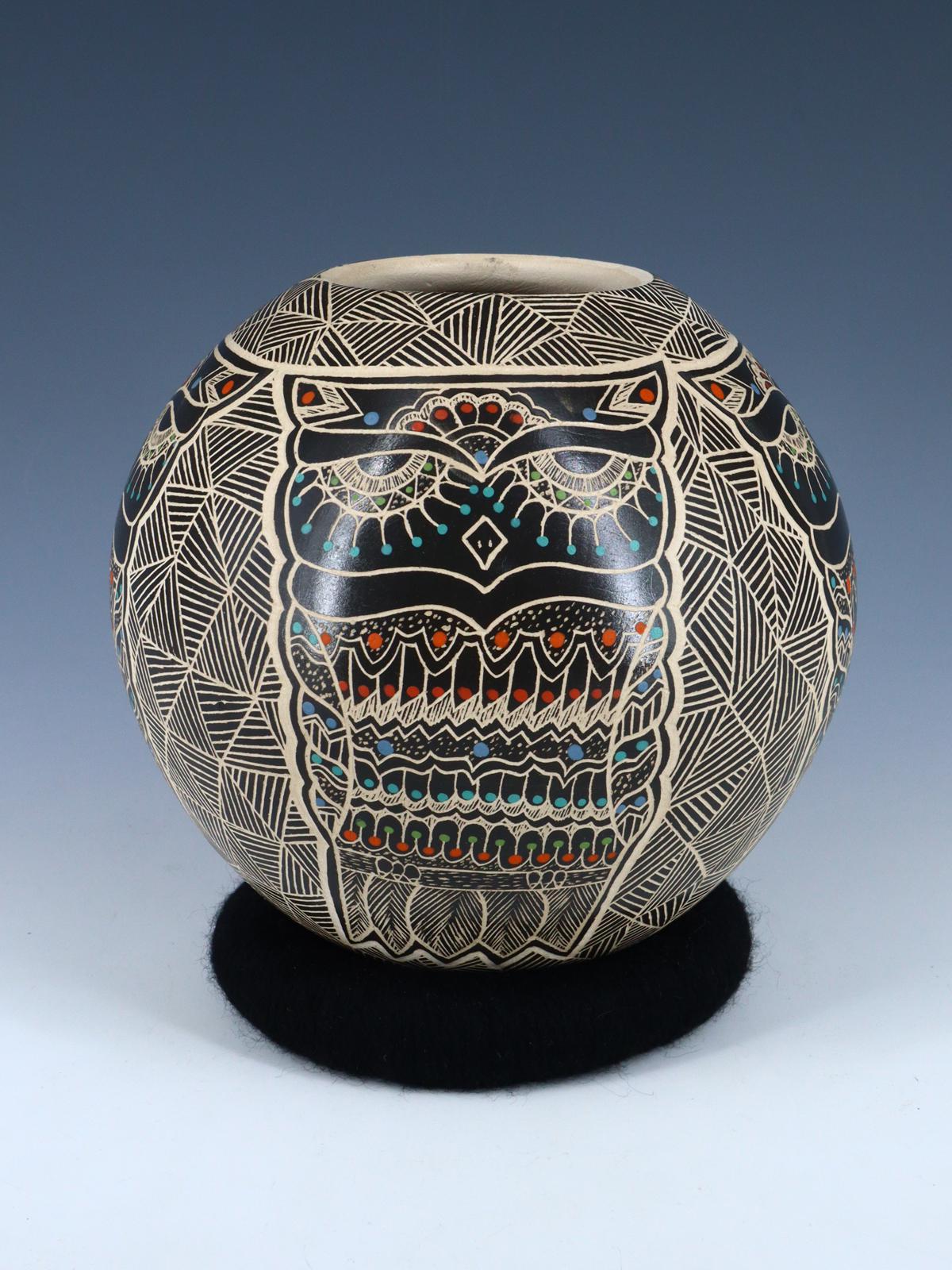 Mata Ortiz Hand Coiled Etched Owl Pottery