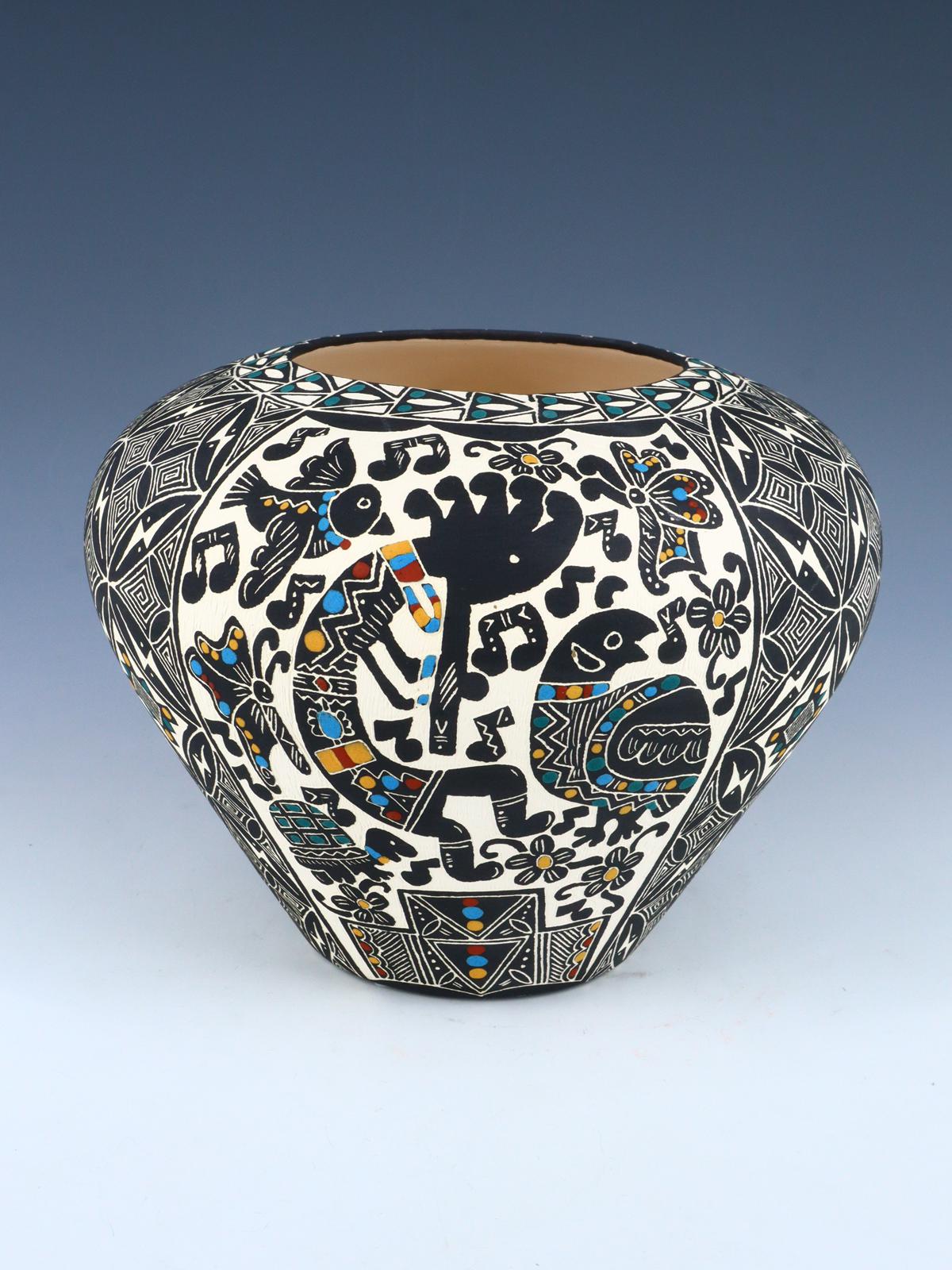 Santa Ana Etched Kokopelli Pottery Bowl