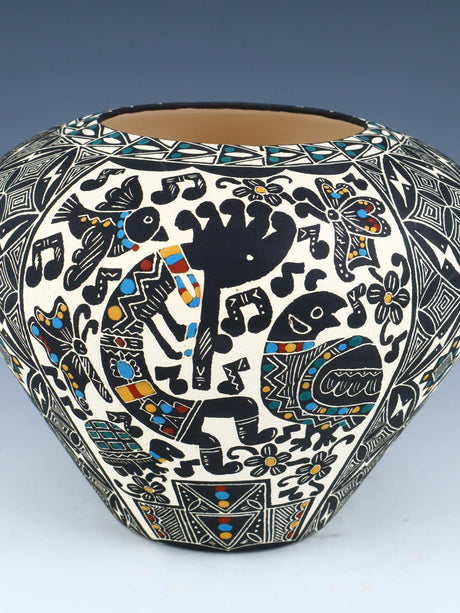 Santa Ana Etched Kokopelli Pottery Bowl