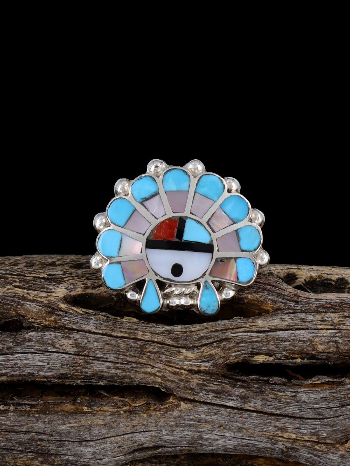 Sterling Silver Multistone Sunface Zuni Inlay Ring, Multiple Sizes - PuebloDirect.com