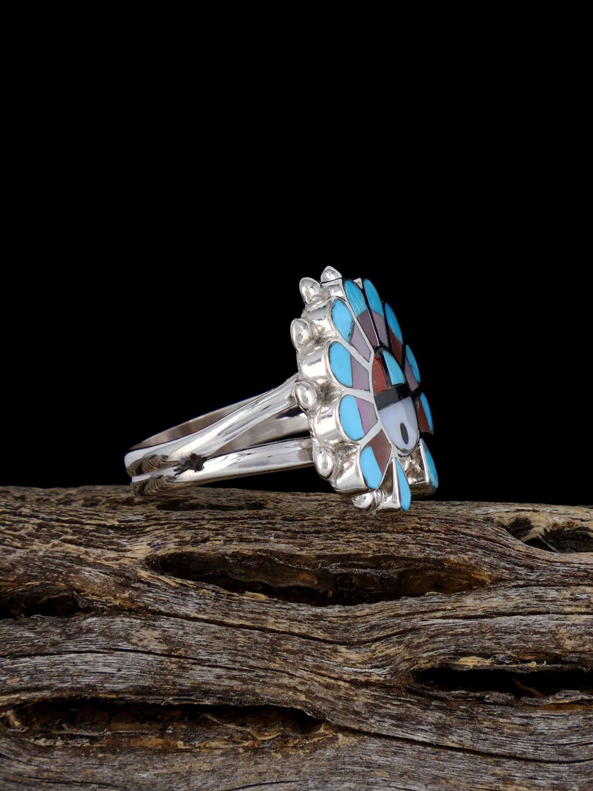 Sterling Silver Multistone Sunface Zuni Inlay Ring, Multiple Sizes - PuebloDirect.com