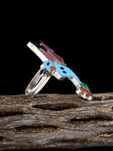 Native American Sterling Silver Zuni Inlay Hummingbird Ring, Size 9