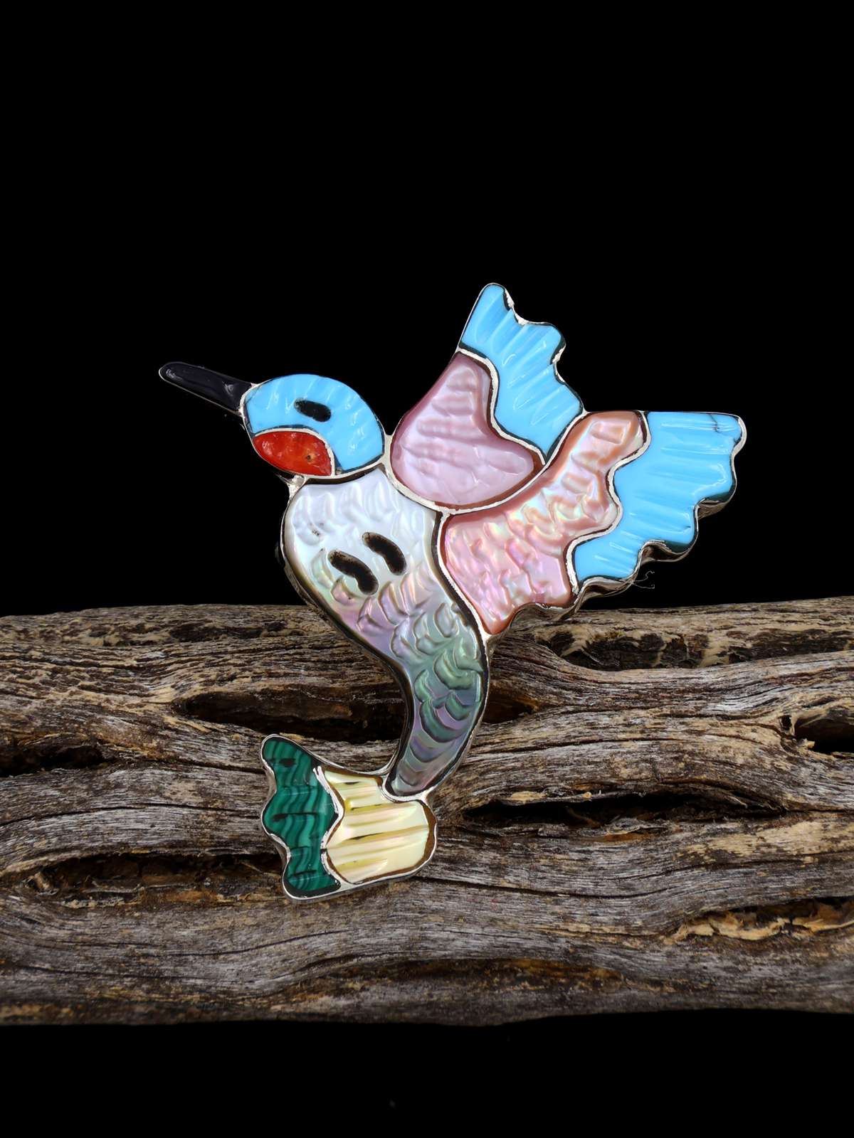 Native American Sterling Silver Zuni Inlay Hummingbird Ring, Size 5