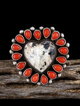 Adjustable Navajo Coral and White Buffalo Heart Cluster Ring