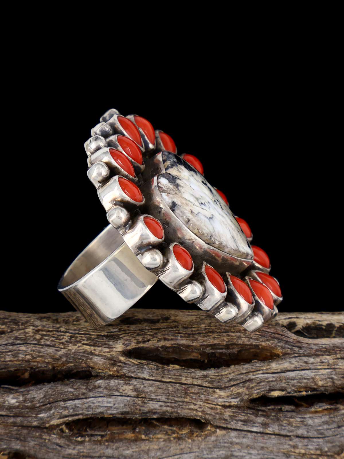 Adjustable Navajo Coral and White Buffalo Heart Cluster Ring