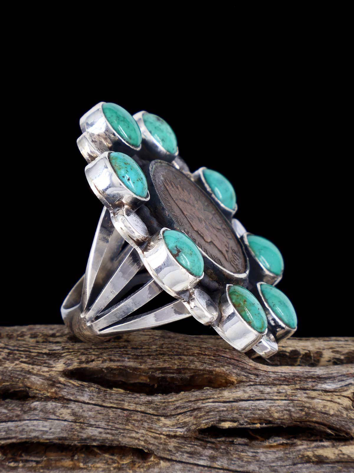 Navajo Turquoise Indian Head Penny Ring, Size 8 - PuebloDirect.com