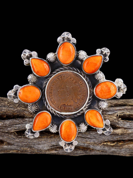 Navajo Spiny Oyster Indian Head Penny Ring, Size 9 1/2 - PuebloDirect.com